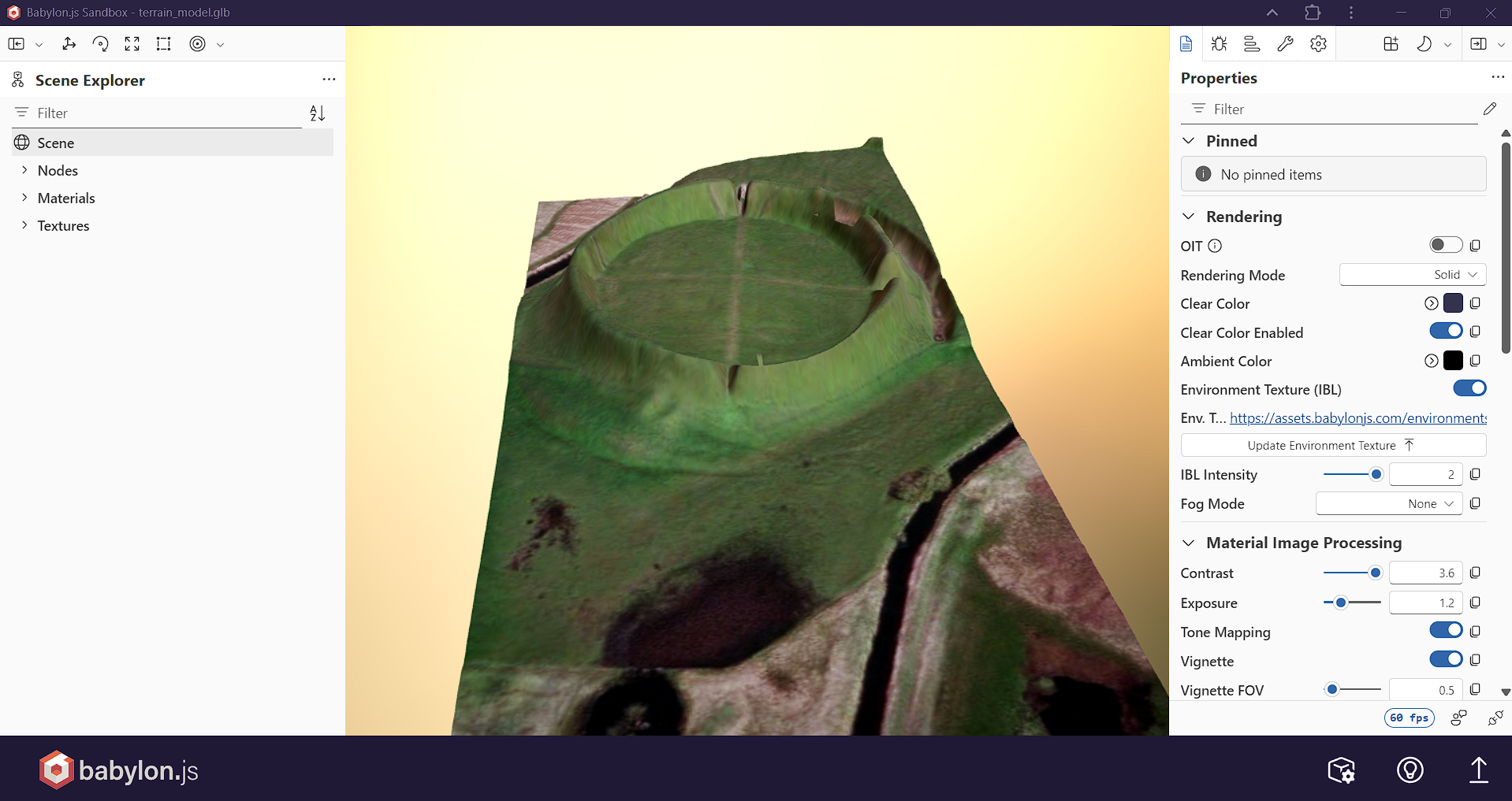 Exported 3D GLB Model of Terrain in Babylon.js Sandbox